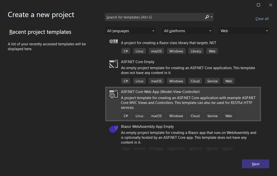 Visual Studio project template selection